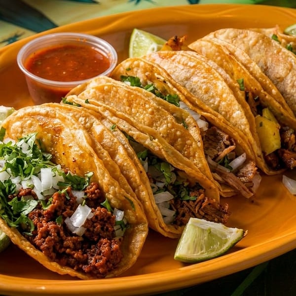 An orange platter holds six tacos with various fillings, lime wedges, and a side of salsa.