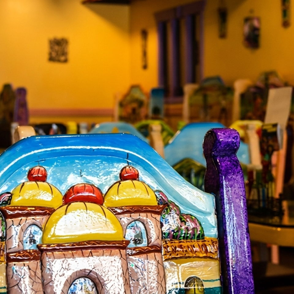 Colorful, hand-painted chairs with village scenes and sunflowers in a vibrant Mexican restaurant dining room.
